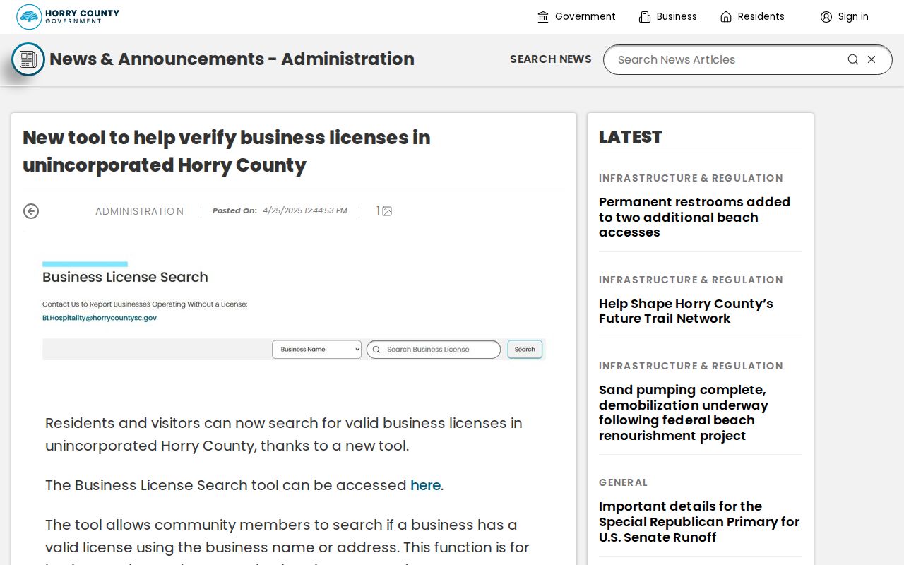 Carolina Forest neighbors County business-license verification announcement