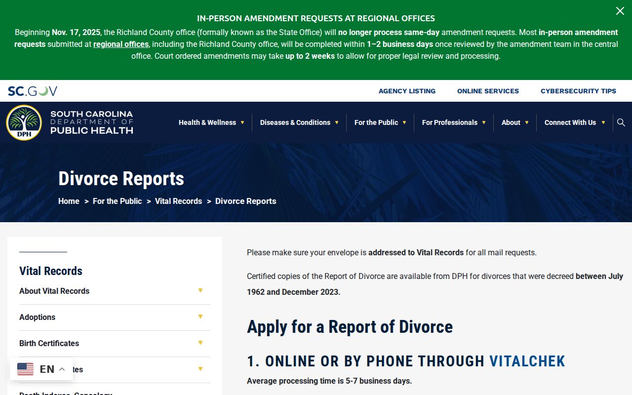 Carolina Forest previous residents South Carolina DPH divorce-report request page