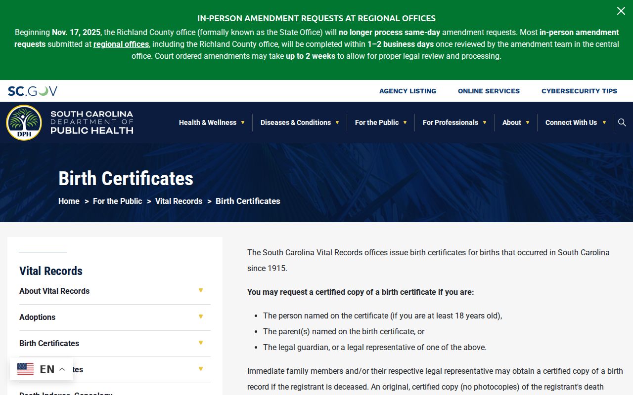 Carolina Forest resident lookup vital-record research on the South Carolina birth certificate page