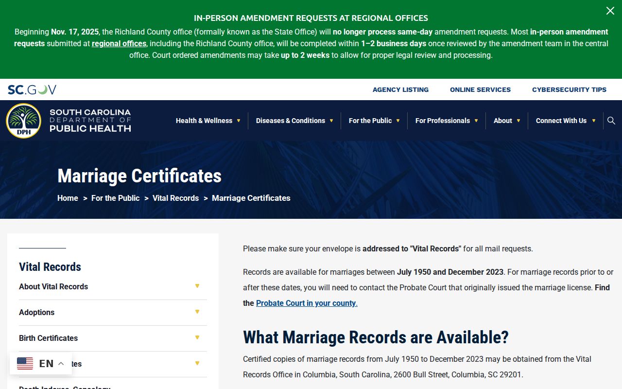 Carolina Forest resident lookup vital-record research on the South Carolina marriage certificate page