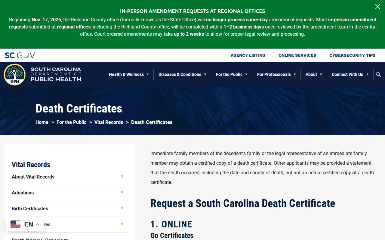 Carolina Forest resident lookup vital-record research on the South Carolina death certificate page