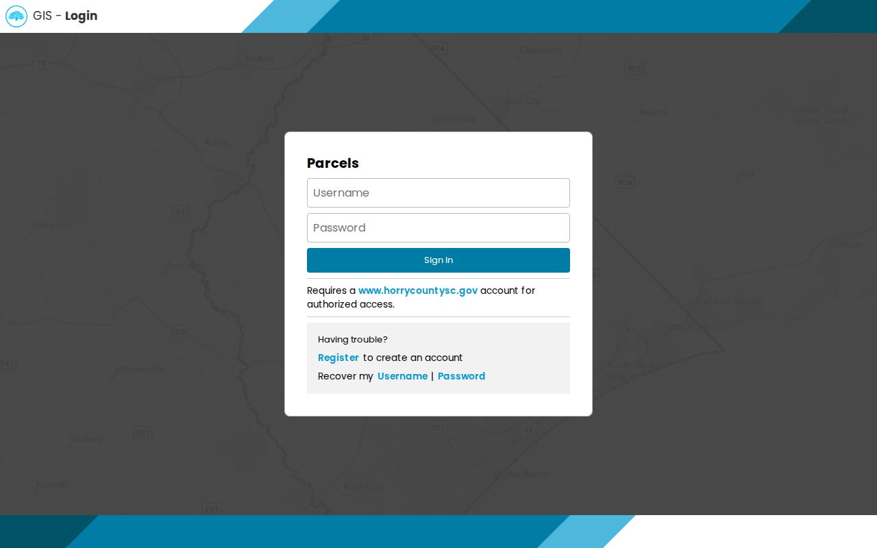 Carolina Forest street directory image of Horry County GIS parcel search sign-in